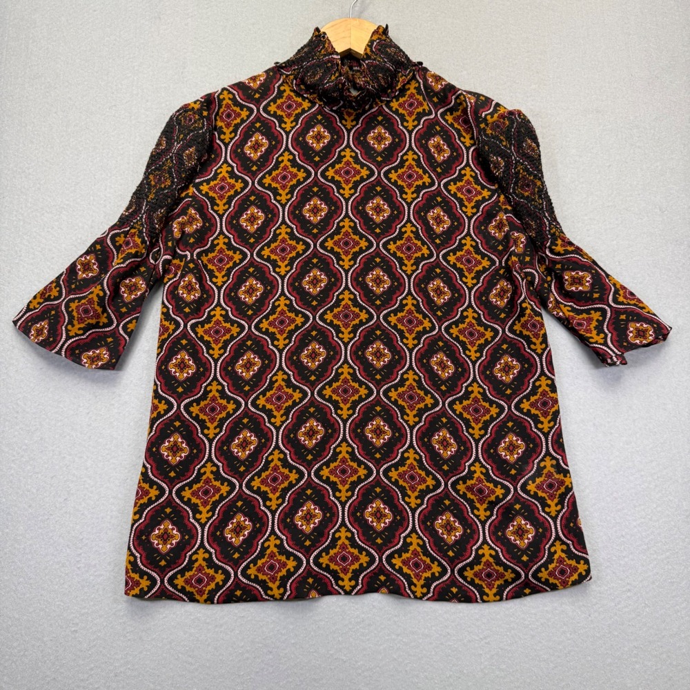 ALC Women 100% Silk Medallion Print Smocked Mock Neck Blouse Black Gold Size 6